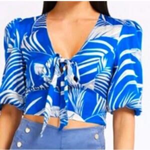 Guess Tamara Top Baja Palm Print Blue Half Sleeve Size Medium NEW With Tags